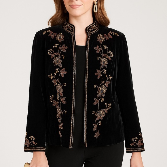 Jackets & Blazers - Draper’s & Damon’s Petites Black Velvet Beaded Embroidered Jacket PXL